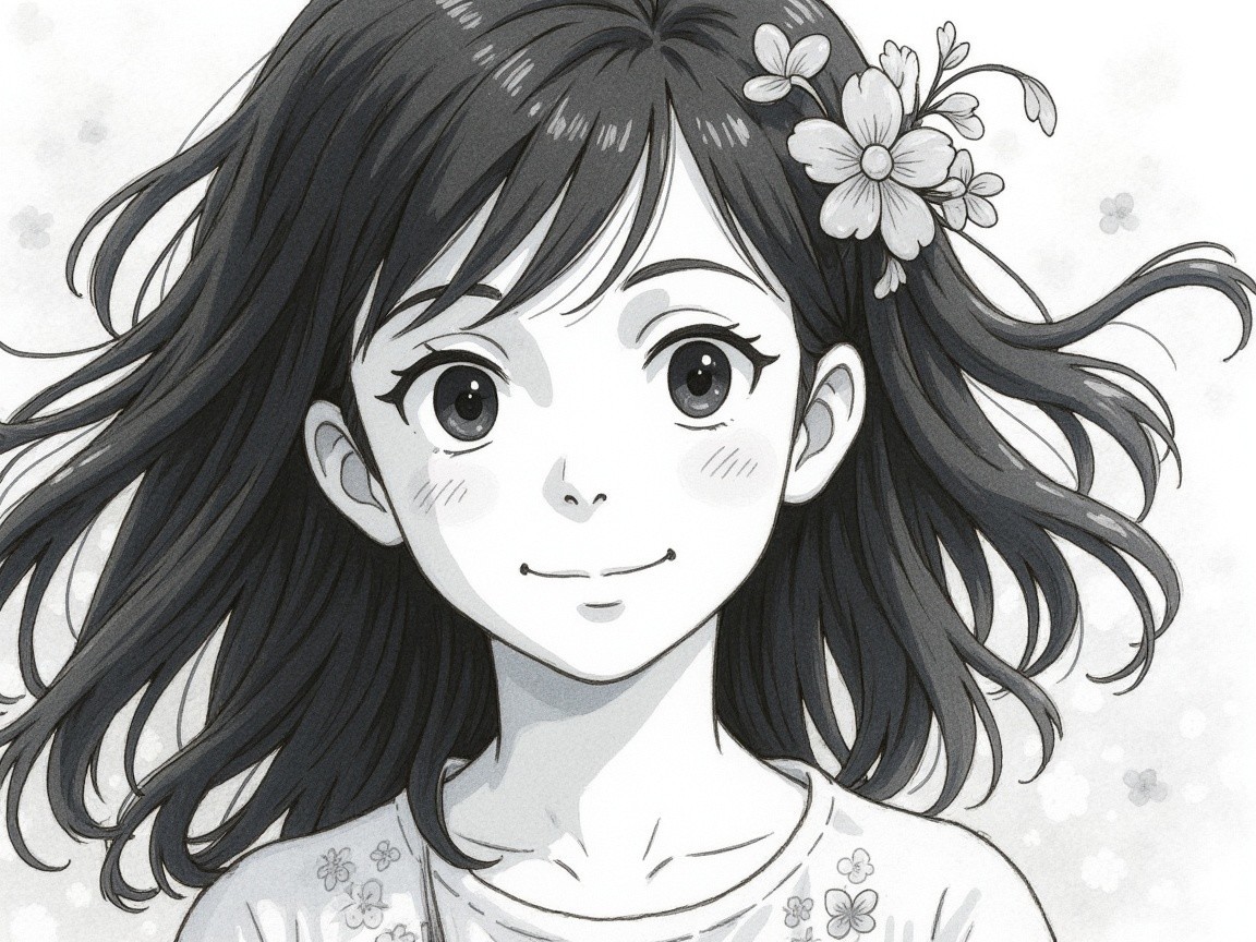 Monochrome Illustration of a Young Girl with Flowers