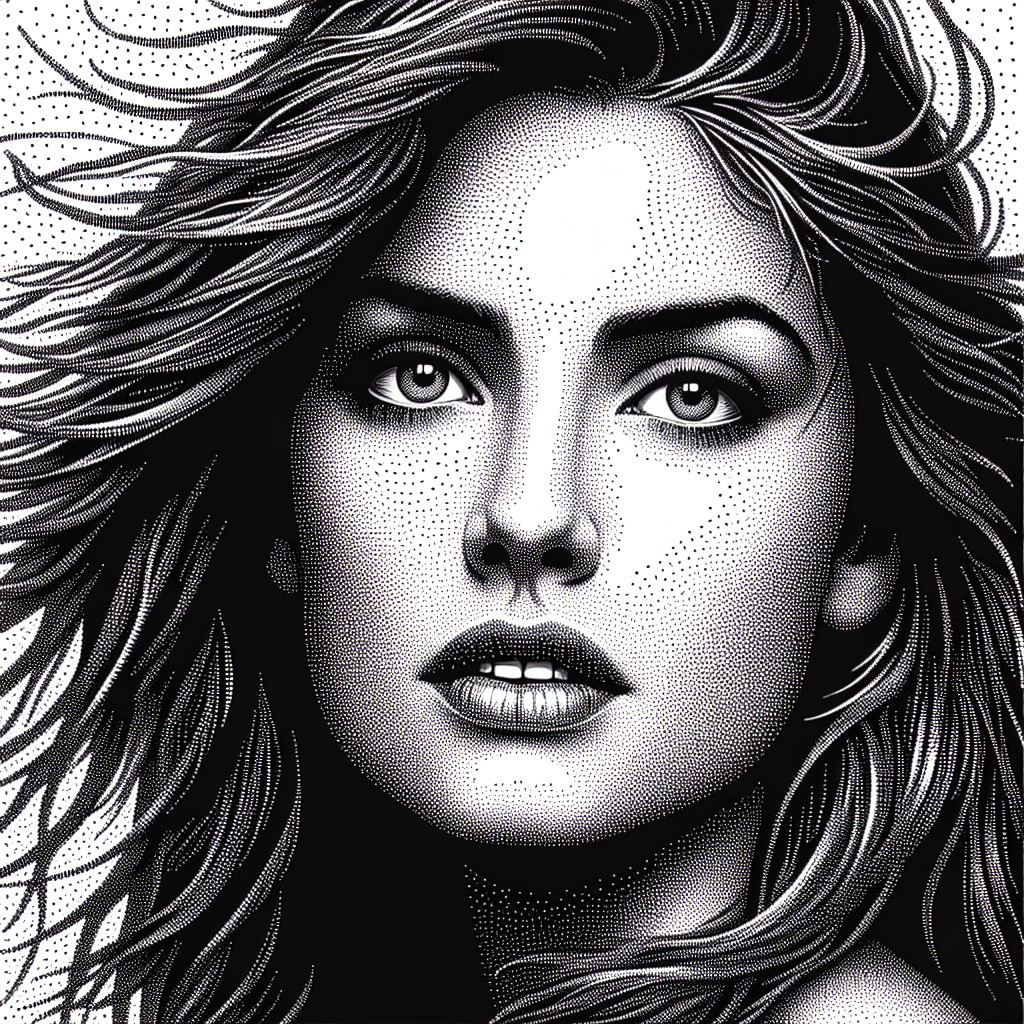 Black and White Portrait of Woman with Flowing Hair