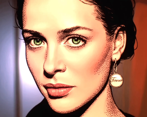 Pop Art Portrait of a Woman with Green Eyes and Dark Hair