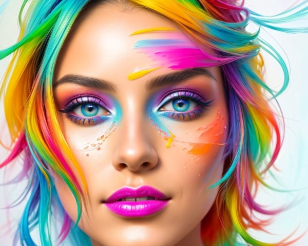 Vibrant Portrait of a Young Woman with Colorful Makeup