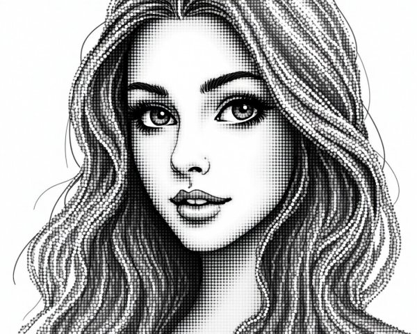 Black and White Illustration of a Young Woman's Portrait