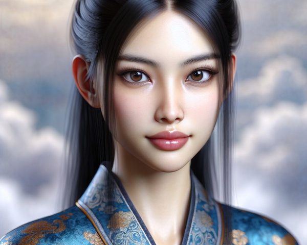 Young woman in blue and gold traditional outfit