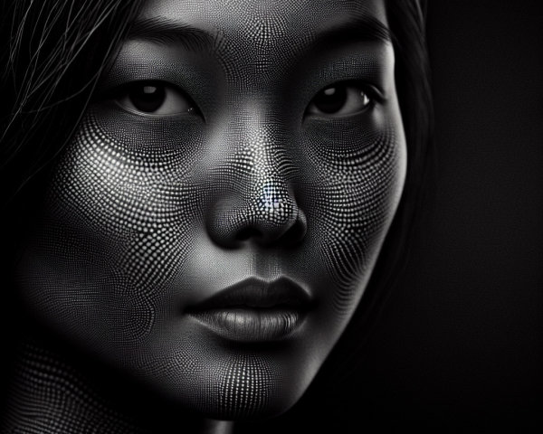 Close-up portrait of a woman with textured dot patterns