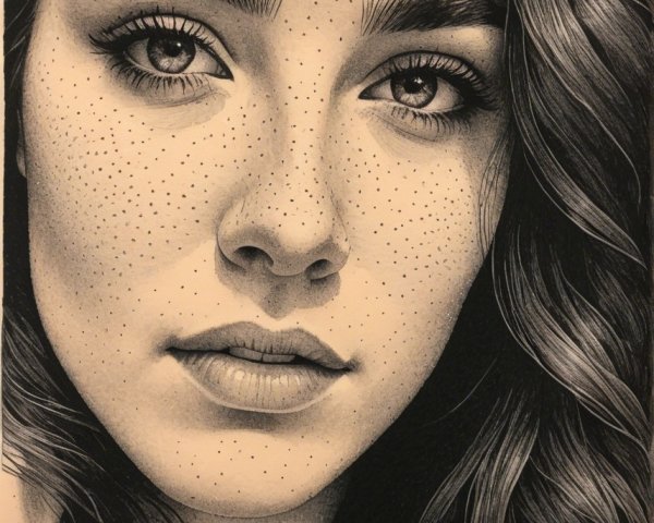 Black and white portrait of a young woman with freckles