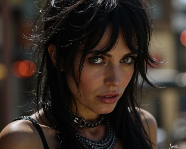 Portrait of a woman with black hair and layered chains