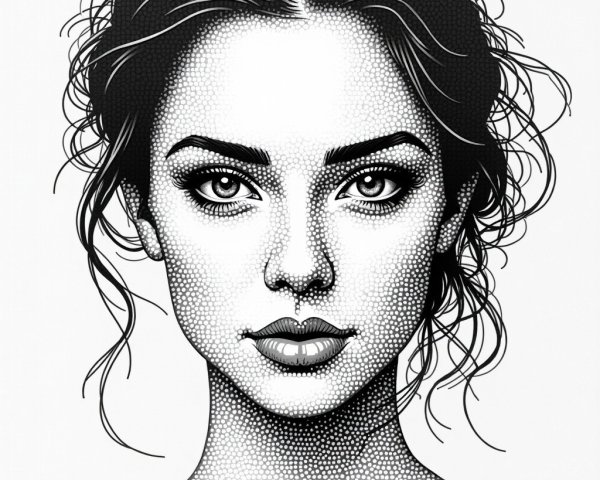 Black-and-white illustration of a young woman with curls