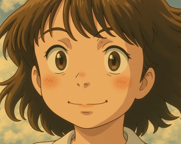 Cheerful girl with tousled hair and warm smile in clouds