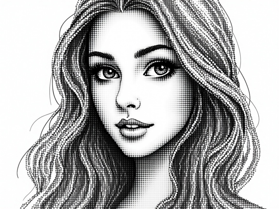 Black and White Illustration of a Young Woman's Portrait