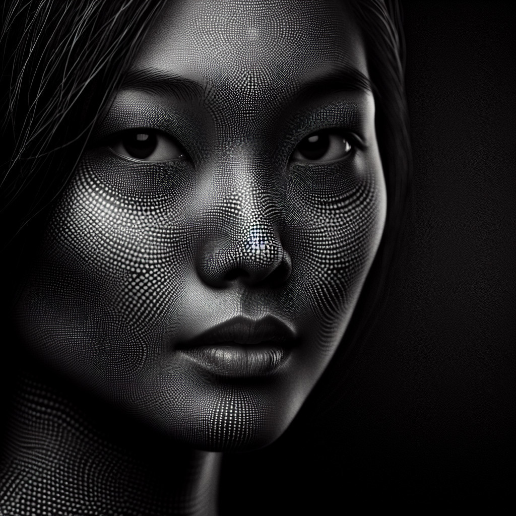 Close-up portrait of a woman with textured dot patterns