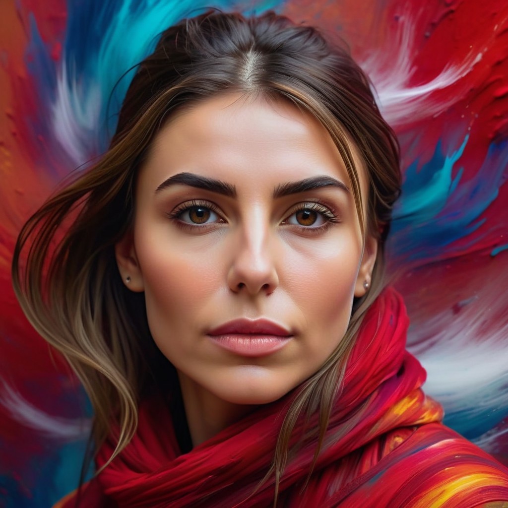 Portrait of a Young Woman with Vibrant Red Scarf
