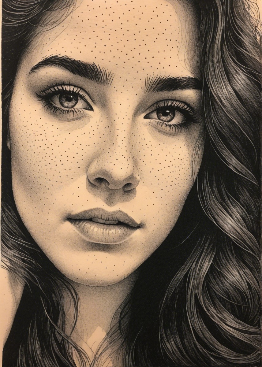 Black and white portrait of a young woman with freckles