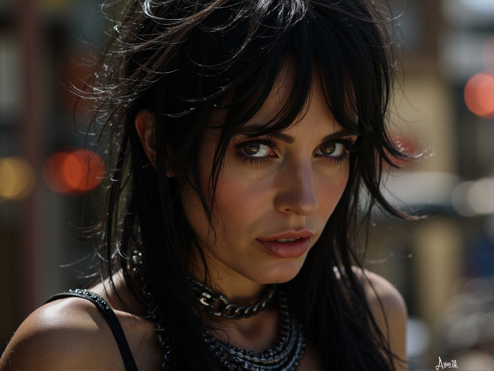 Portrait of a woman with black hair and layered chains