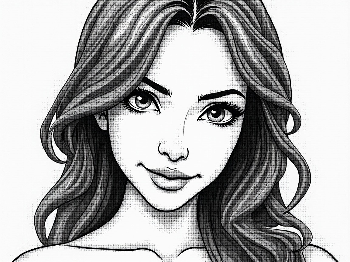 Illustrated Portrait of a Young Woman in Black-and-White