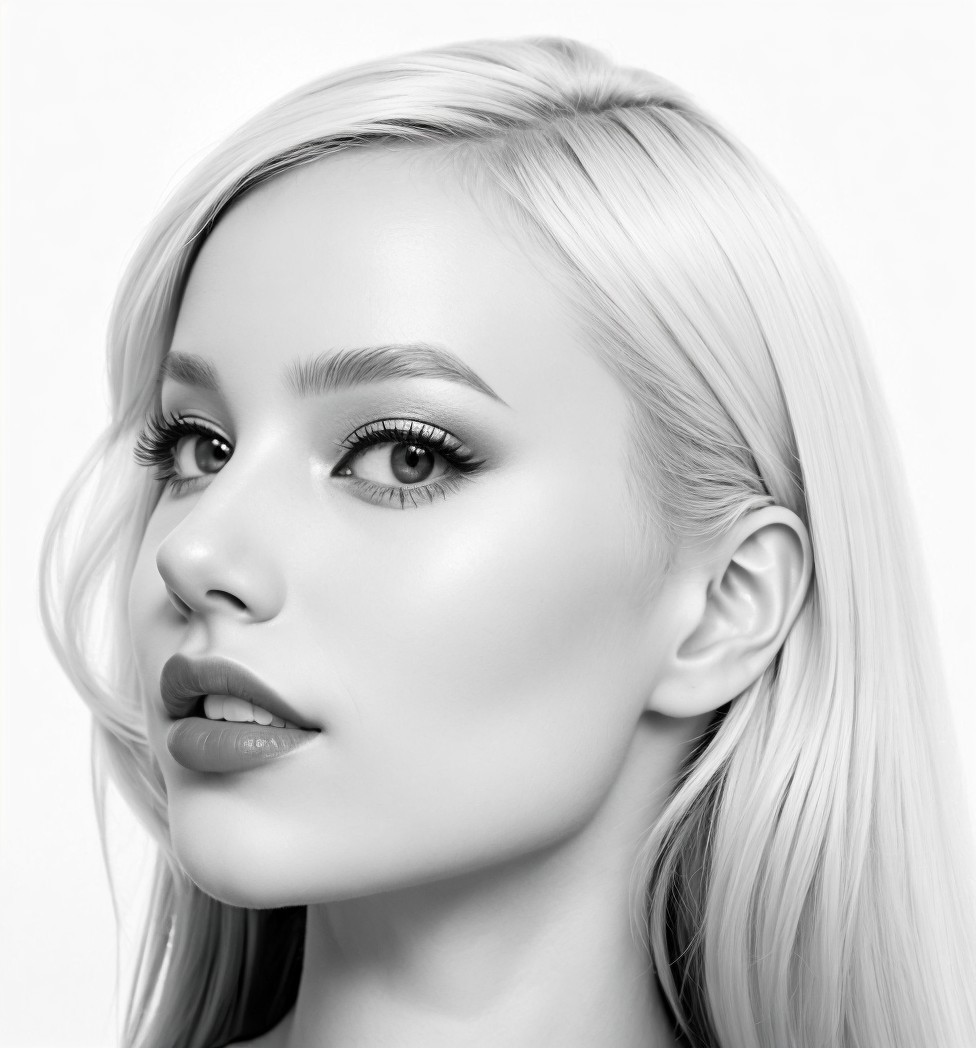 Black and white portrait of a young woman with blonde hair