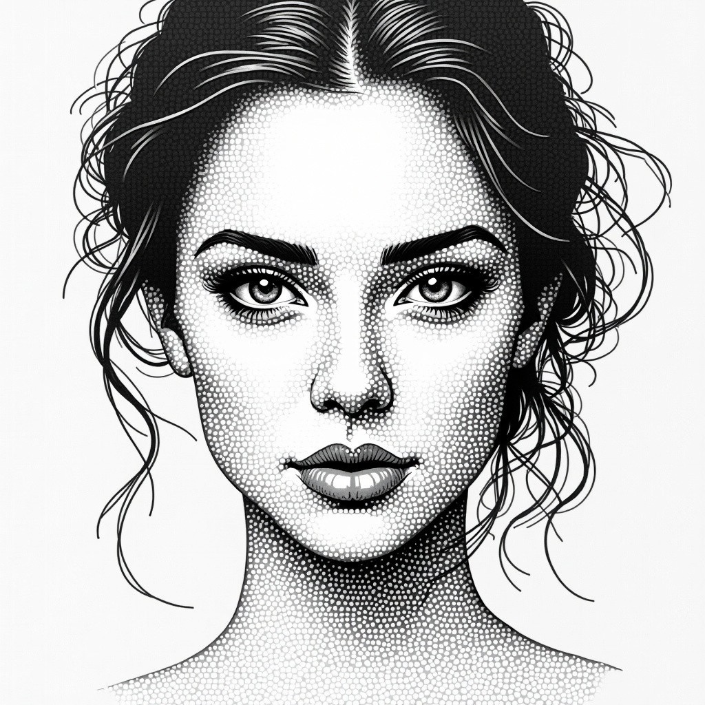 Black-and-white illustration of a young woman with curls