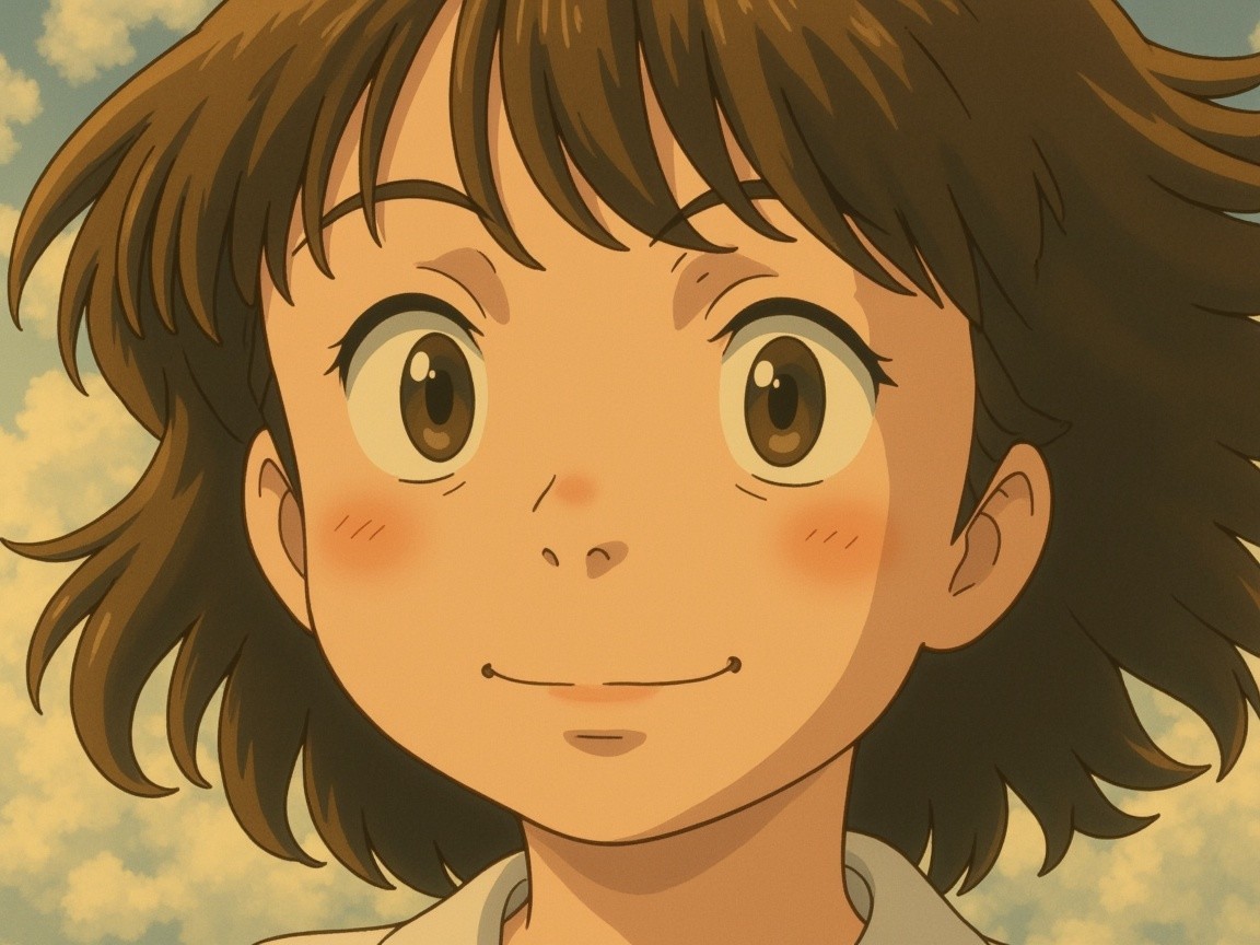 Cheerful girl with tousled hair and warm smile in clouds