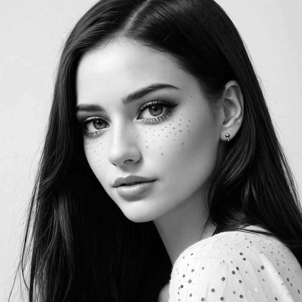 Black-and-white portrait of a young woman with freckles