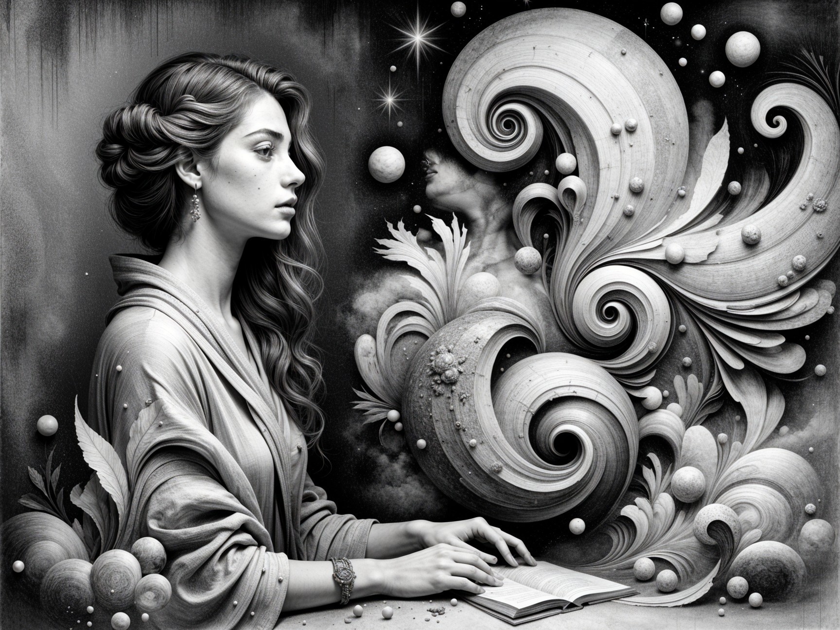 Young woman reading in a cosmic, mystical setting