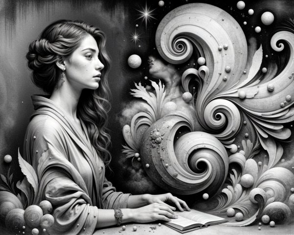 Young woman reading in a cosmic, mystical setting