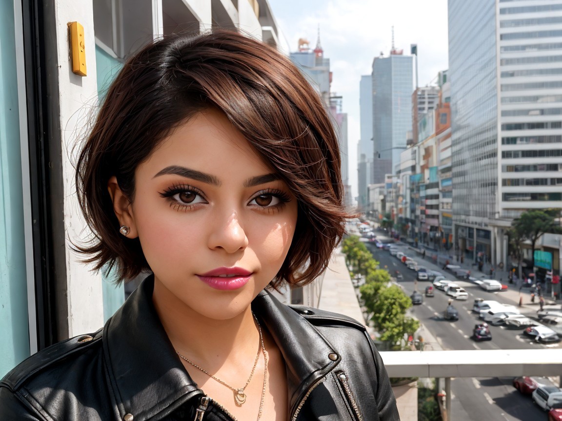 Young woman in leather jacket against urban skyline