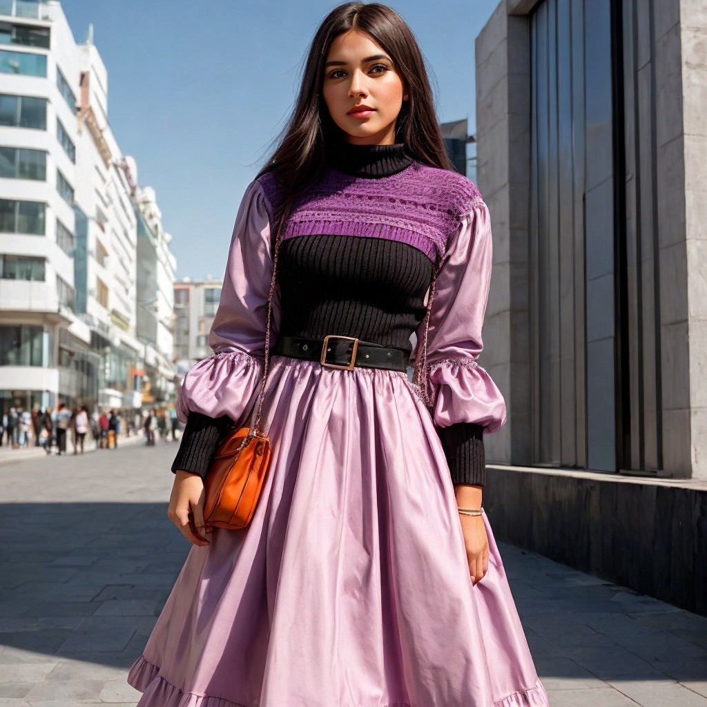 Young Woman in Purple Dress on City Street