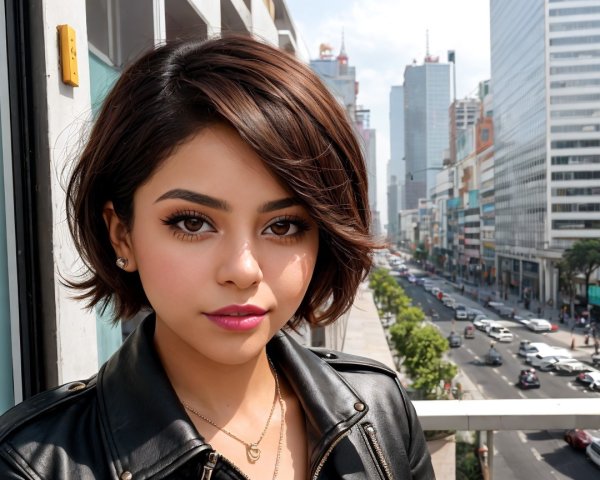 Young woman in leather jacket against urban skyline