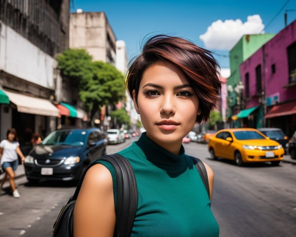 Young Woman in Green Top on Urban Street Scene