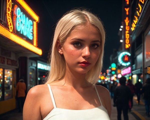 Young woman in vibrant urban night scene with neon lights