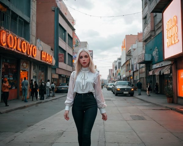 Young Woman in Stylish Outfit on Bustling Street