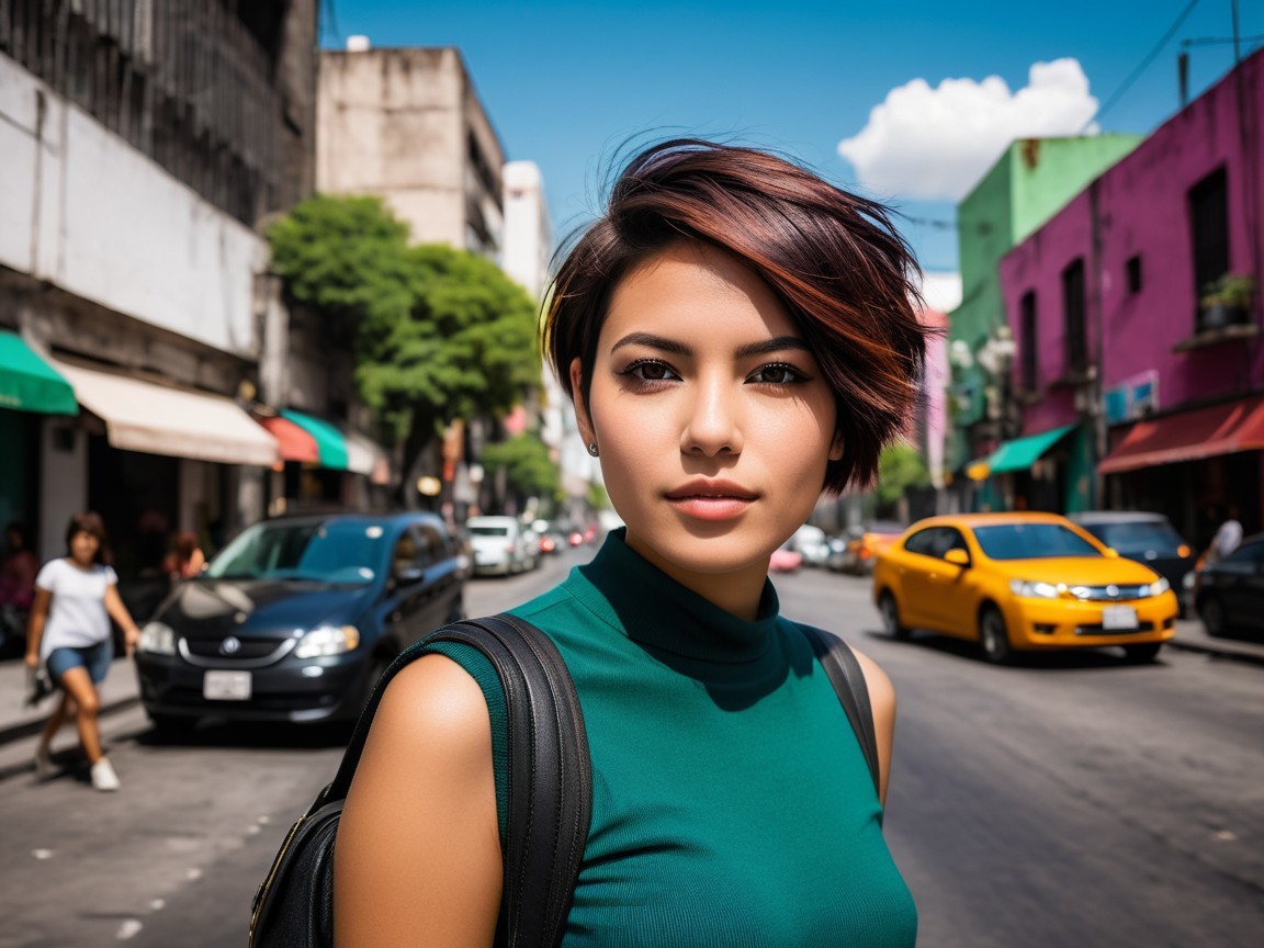 Young Woman in Green Top on Urban Street Scene