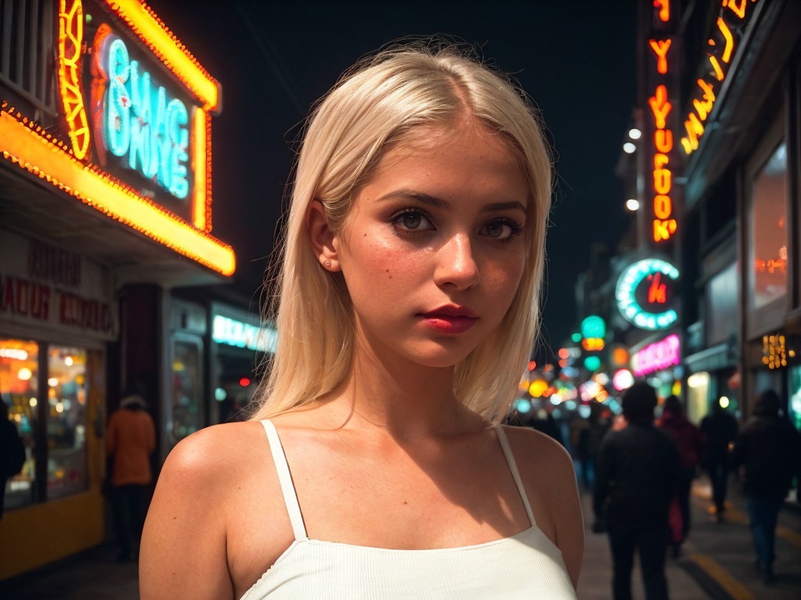 Young woman in vibrant urban night scene with neon lights
