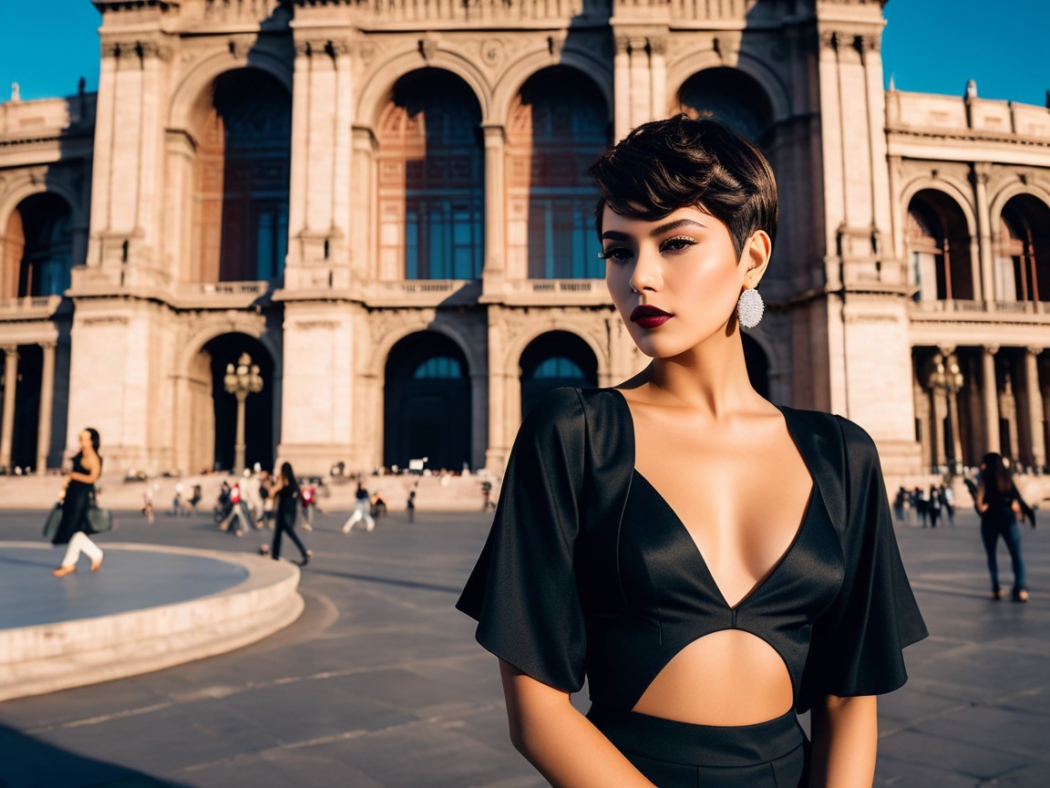 Stylish Woman in Black Dress Against Architectural Landmark