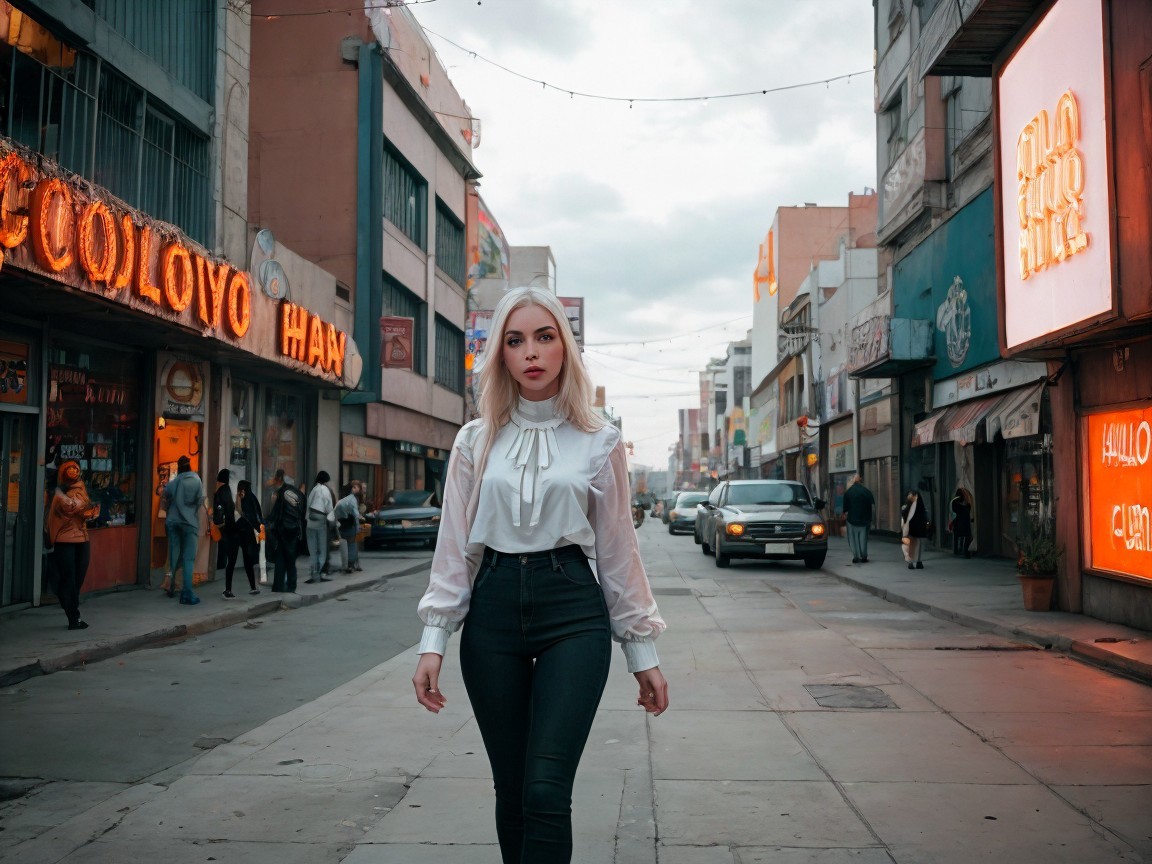 Young Woman in Stylish Outfit on Bustling Street