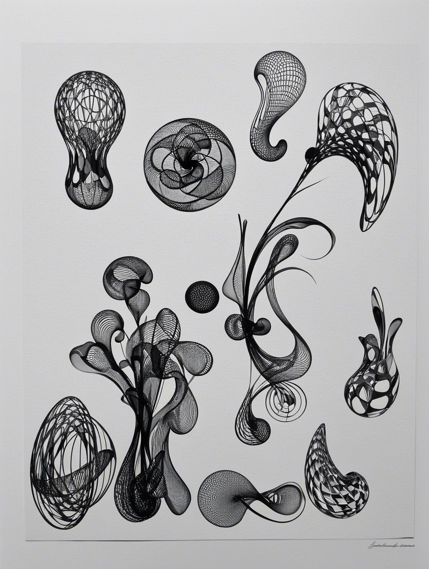 Abstract Black Wireframe Composition on White Background