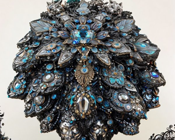 Intricately Designed Floral Sculpture with Blue Gems