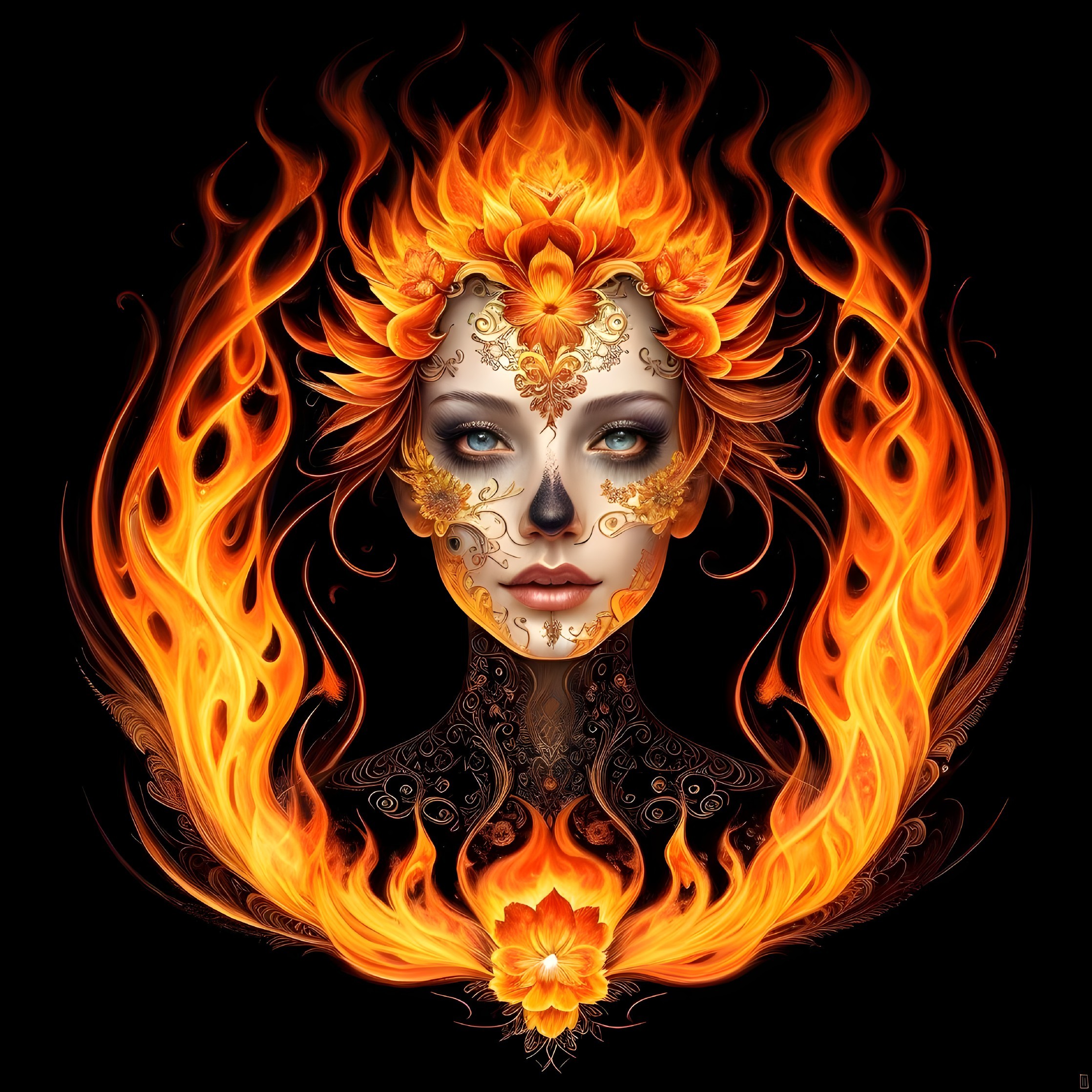 Digital artwork: Woman's face with golden floral patterns and fiery phoenix flames.