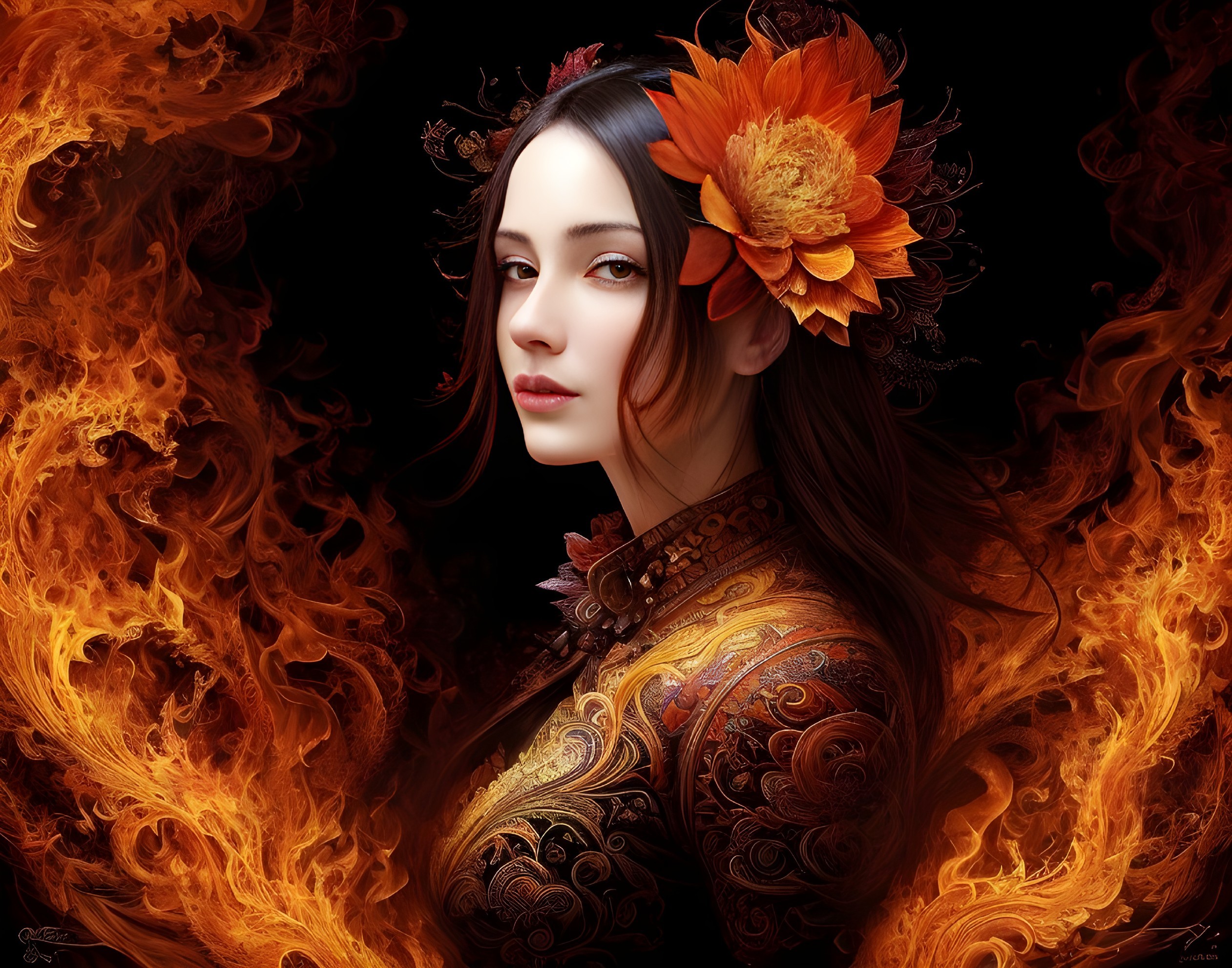 Digital art portrait of woman with serene expression and orange flower, surrounded by swirling flames on dark background