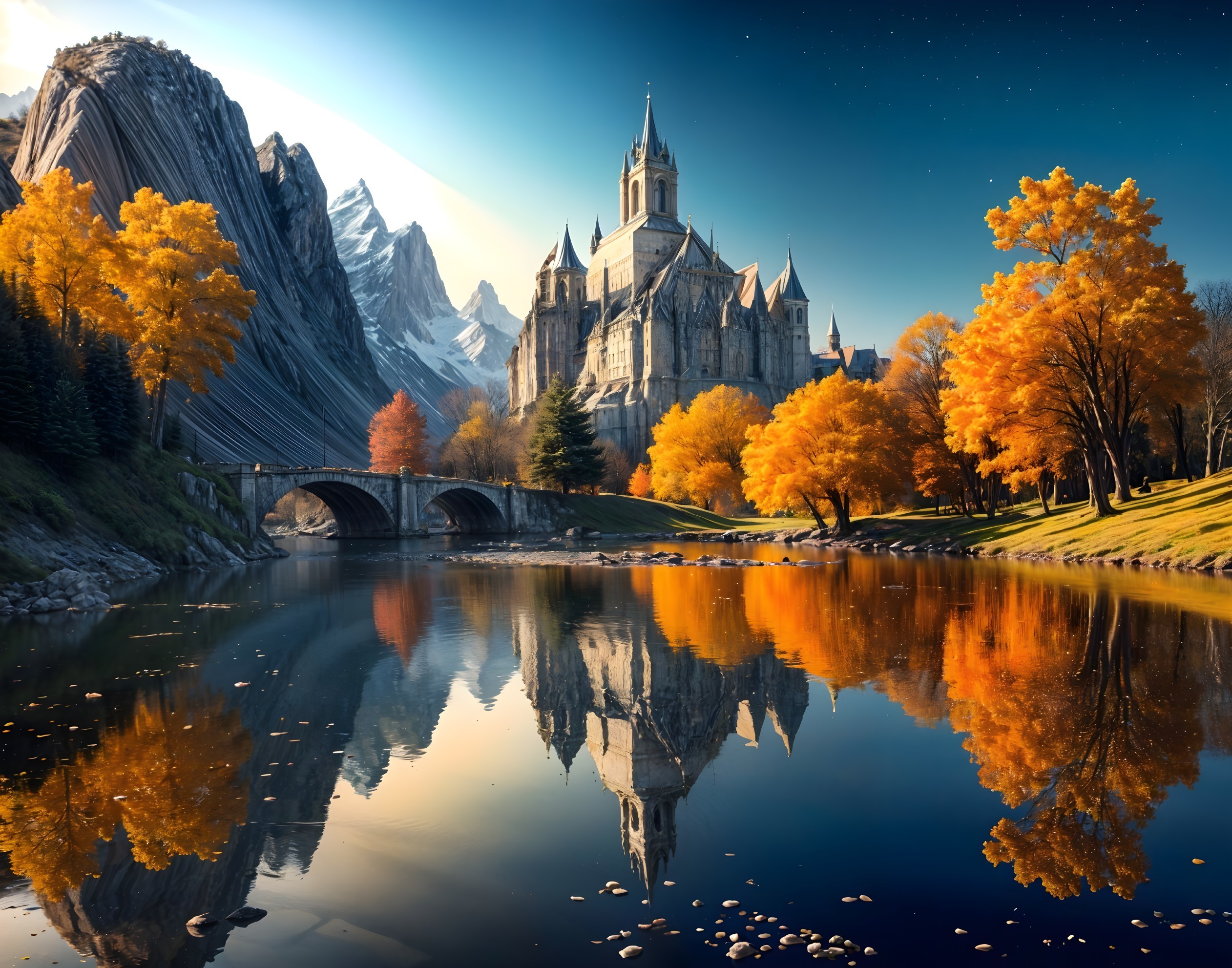 Castle Overlooking River with Autumn Trees and Mountains