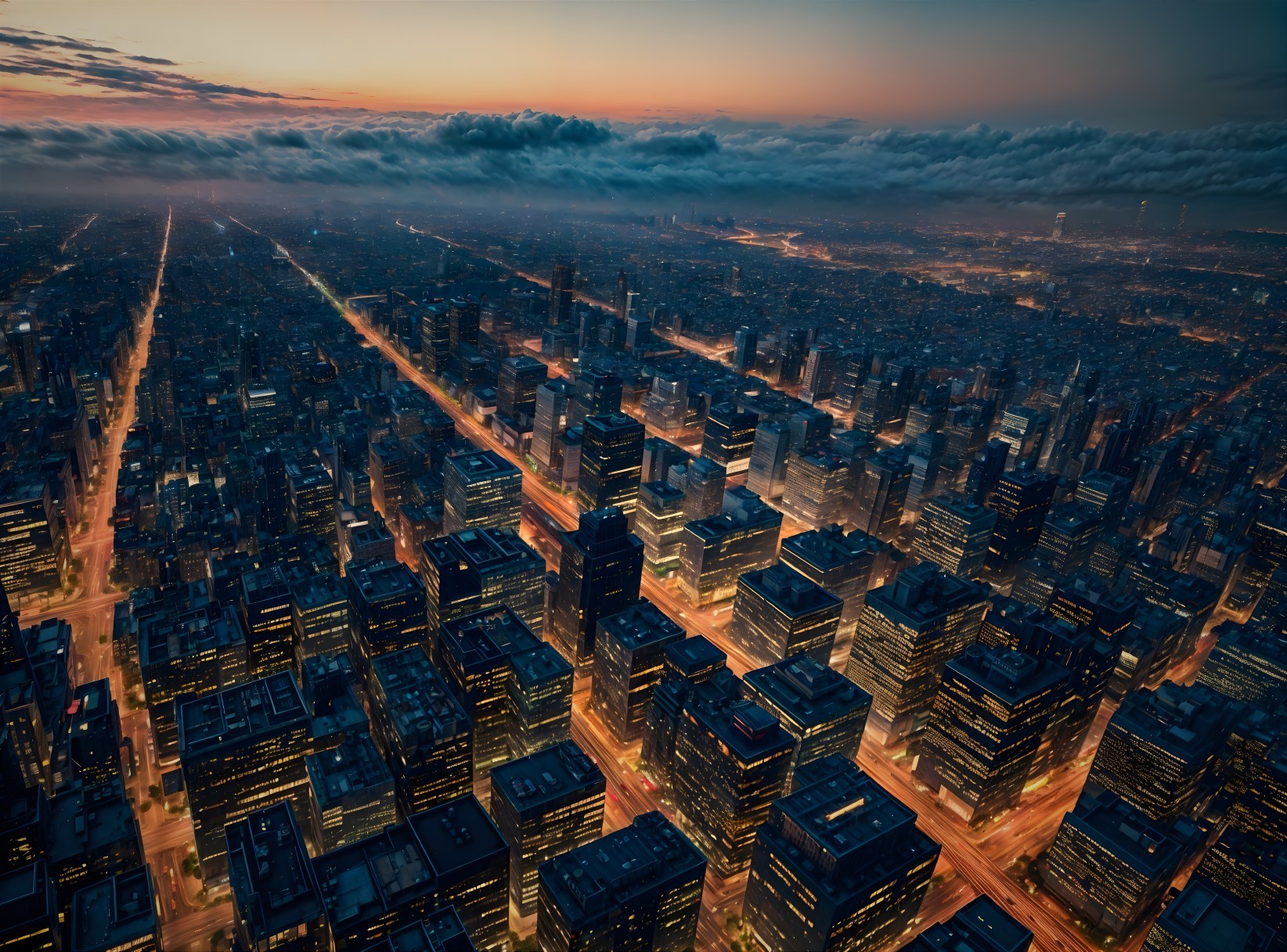 Aerial Cityscape at Dusk with Illuminated Skyscrapers