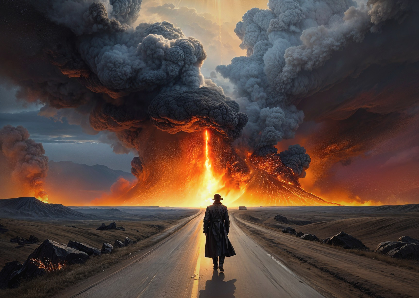 Lonely Figure on Road Amidst Volcanic Eruption