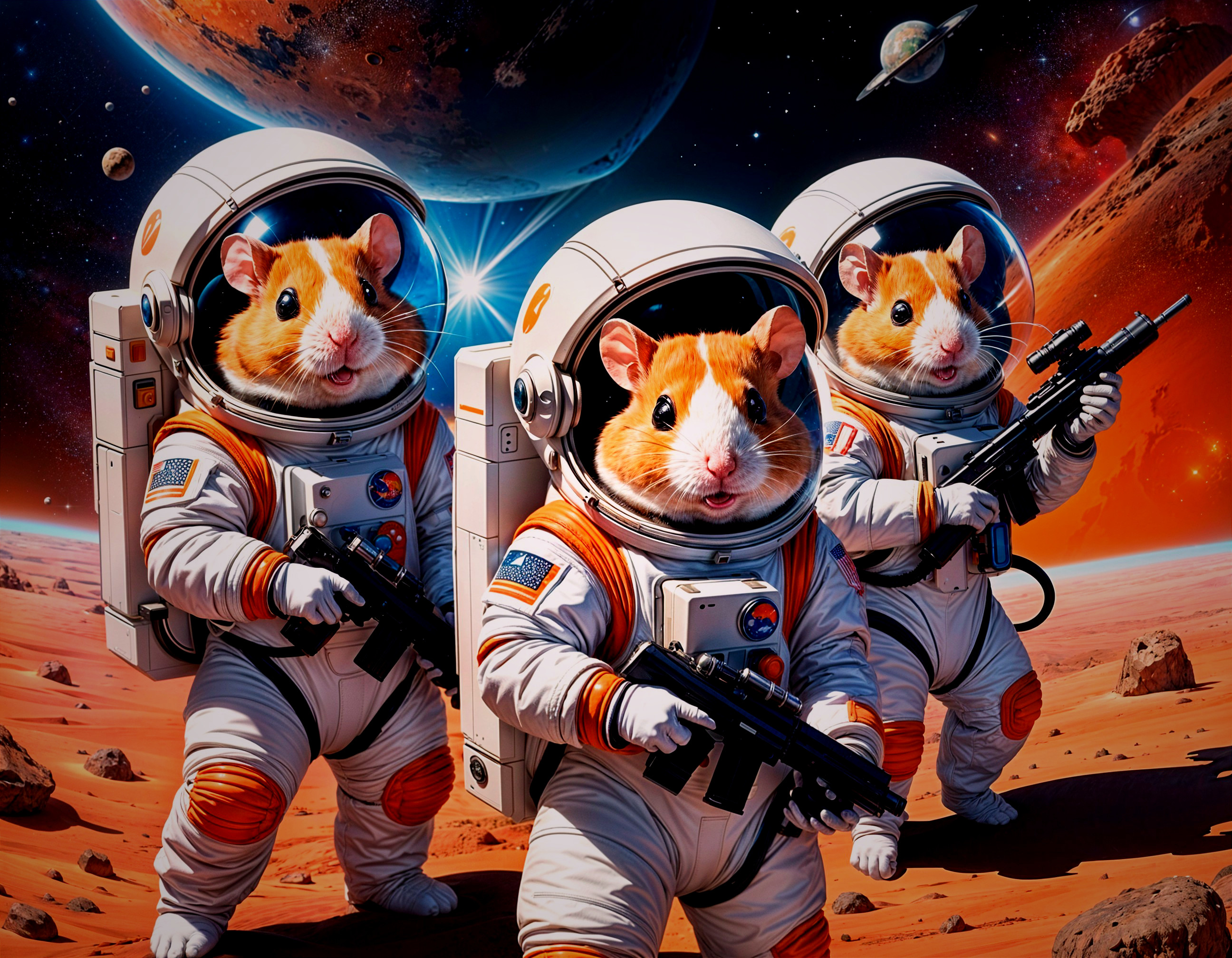 Hamsters in Astronaut Suits on Alien Landscape