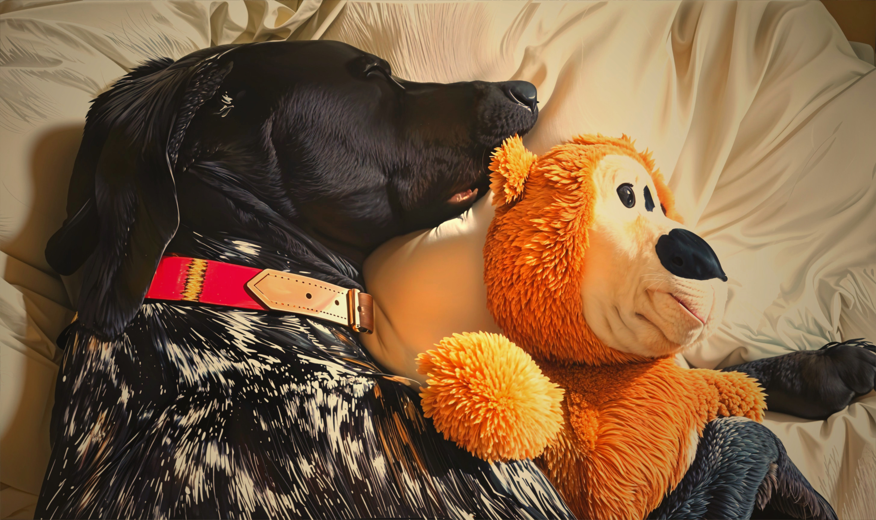 Black Dog Resting on Cream Blanket with Teddy Bear