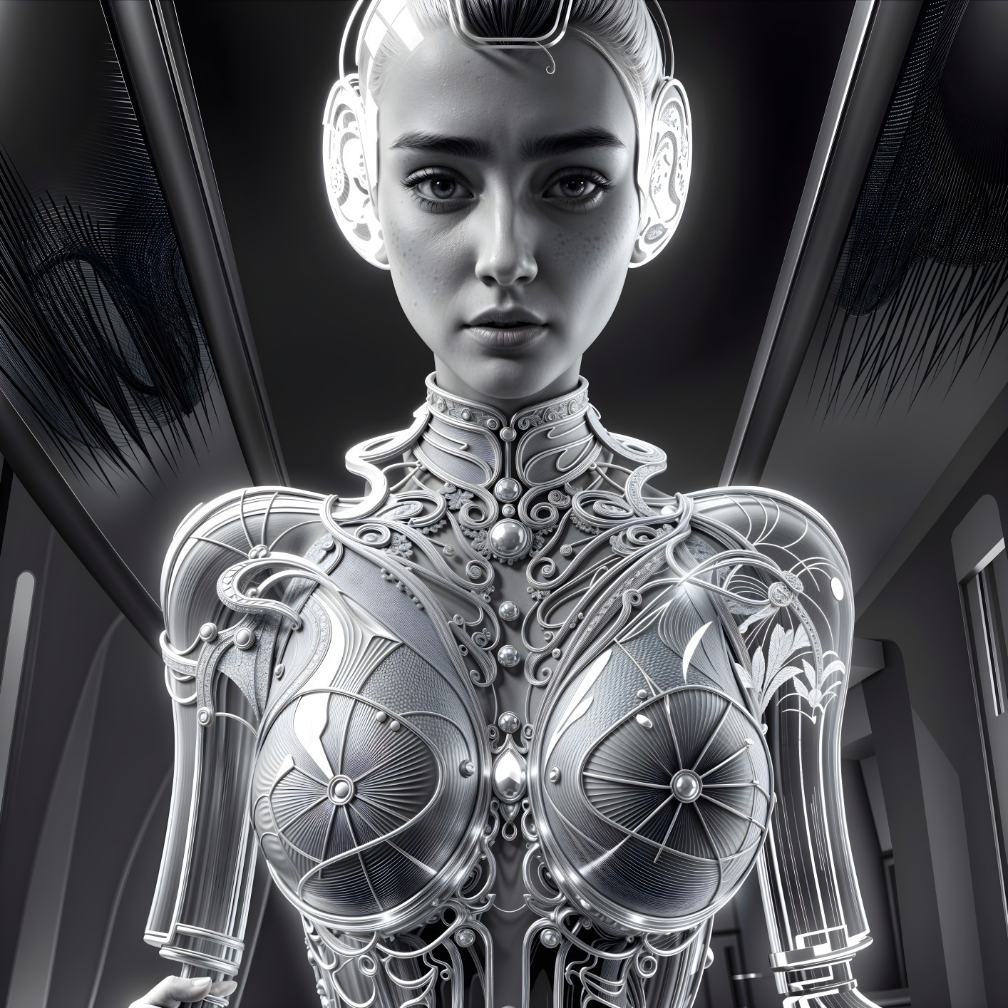 Futuristic Cybernetic Figure in Sleek Metallic Design