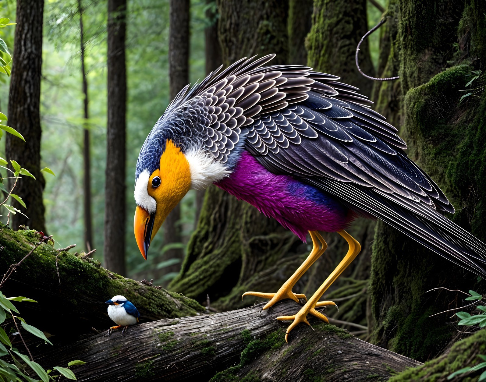 Colorful Bird on Mossy Log in Vibrant Forest Setting