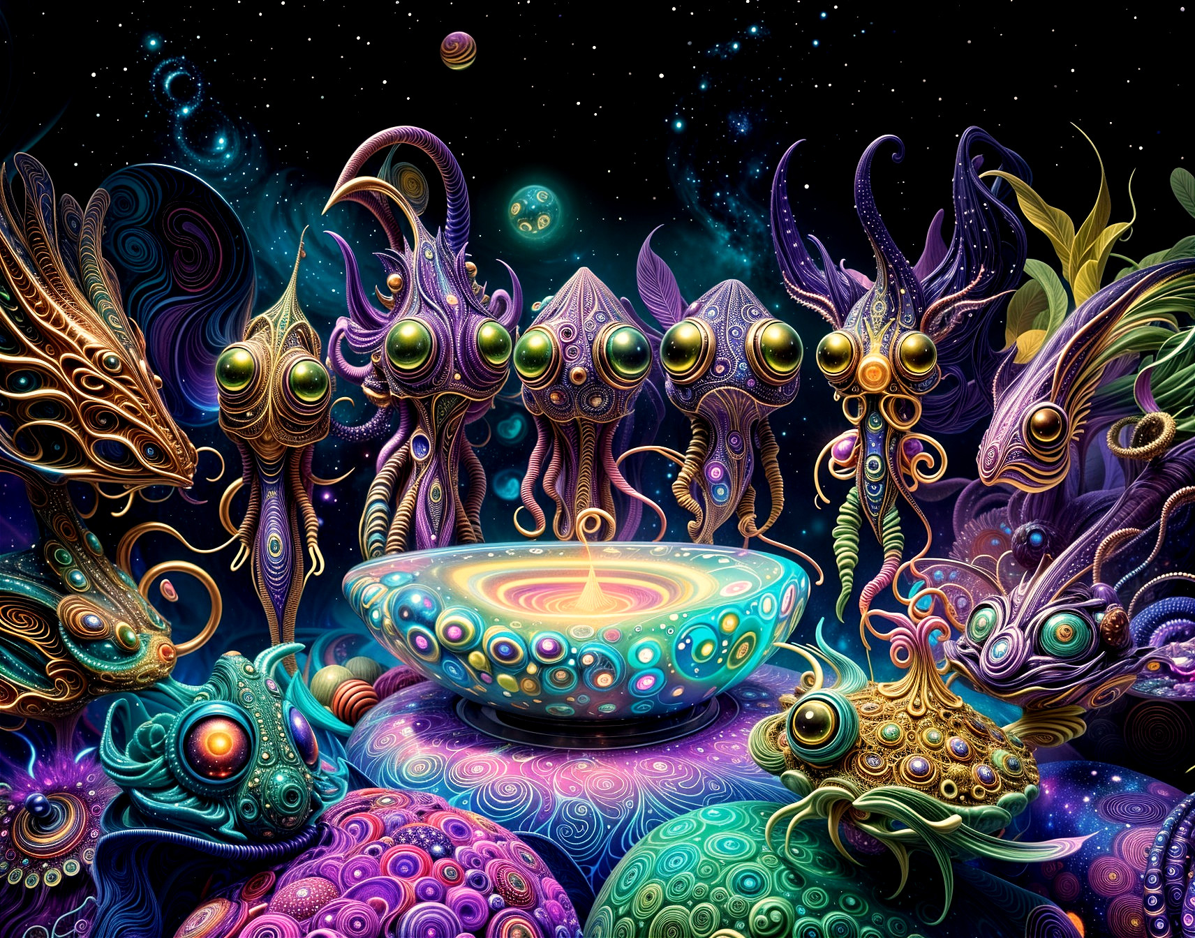 Vibrant Scene of Alien Creatures and Swirling Portal
