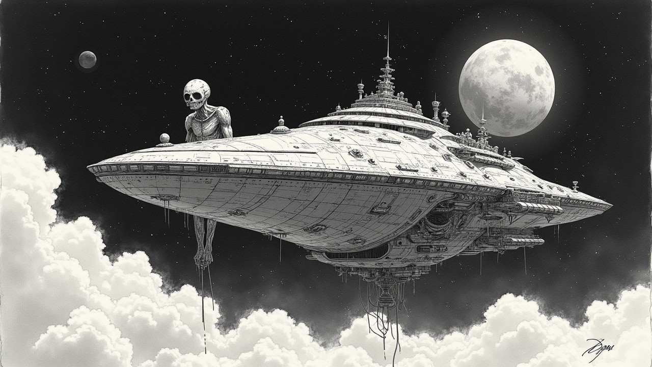 Futuristic spacecraft with skeletal figure in cosmic scene