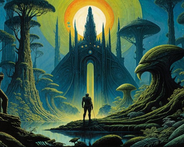 Surreal Alien Landscape with Ornate Structure and Trees
