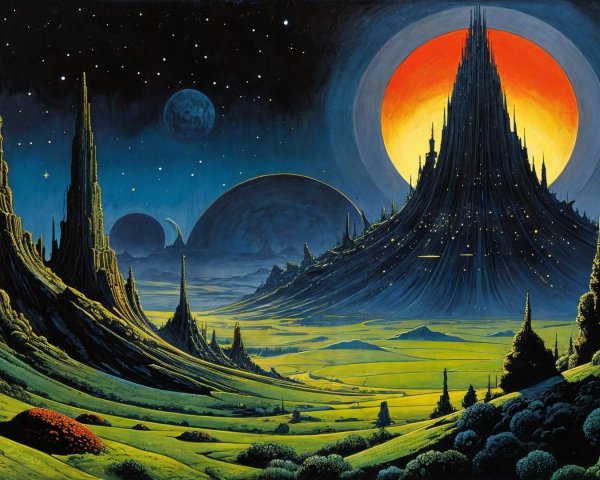 Cosmic Landscape with Mountains and Celestial Bodies