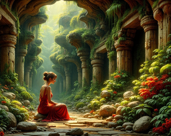 Serene Temple Ruins with Woman in Red Dress