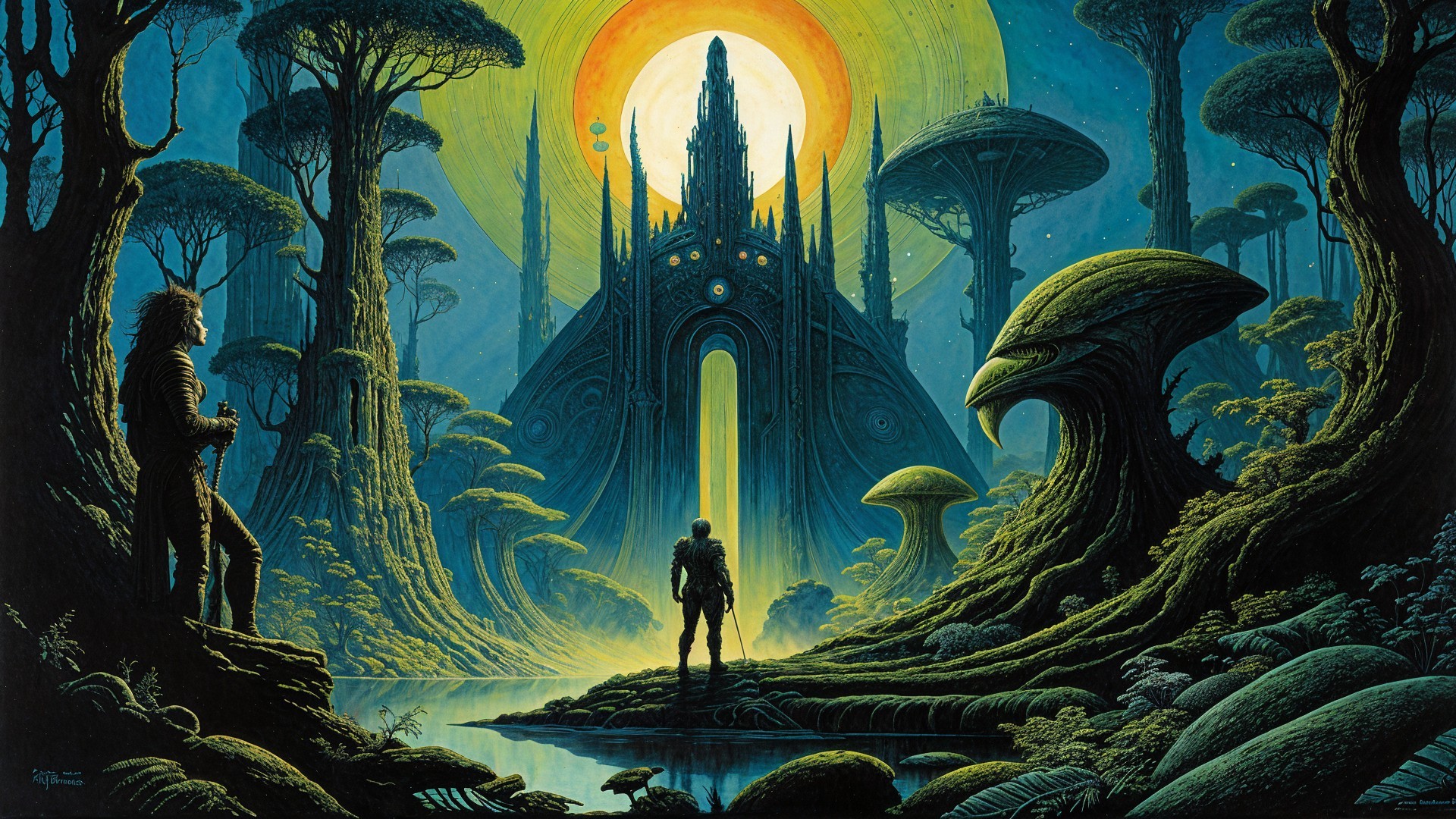 Surreal Alien Landscape with Ornate Structure and Trees